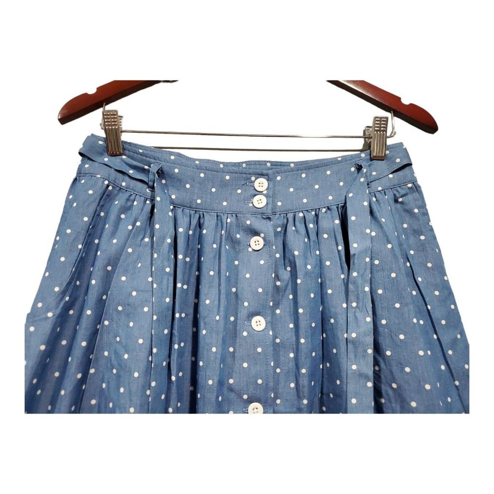 Mod Cloth Women's Blue White Polka Dot Chambray Skirt Button Pocket Casual Sz M - Picture 2 of 11
